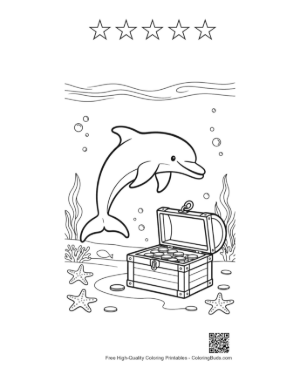 Thumbnail: Happy Dolphin Swimming with an Open Treasure Chest Printable and 5 Star Outline