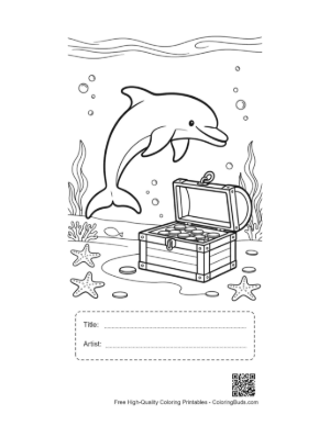 Thumbnail: Happy Dolphin Swimming with an Open Treasure Chest Printable with Title and Artist Box