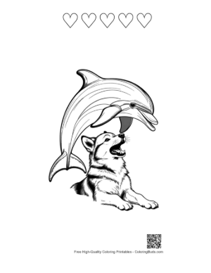 Thumbnail: Husky Puppy Under Leaping Dolphin Printable and 5 Heart Outline