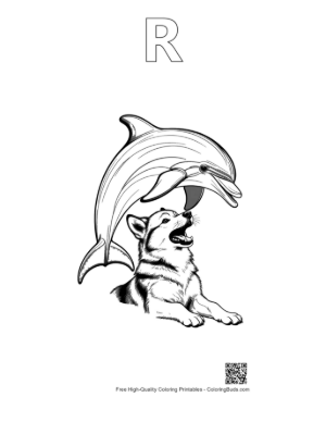 Thumbnail: Husky Puppy Under Leaping Dolphin Printable Outline Alphabet R