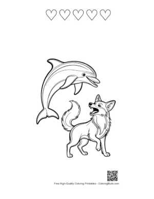 Thumbnail: Jumping Dolphin and Playful Fox Outline Printable and 5 Heart Outline