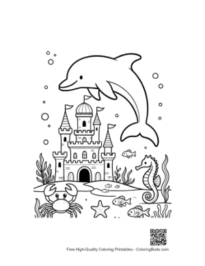 Thumbnail: Majestic Dolphin Leaping in Front of an Underwater Sandcastle Printable