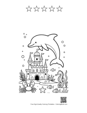 Thumbnail: Majestic Dolphin Leaping in Front of an Underwater Sandcastle Printable and 5 Star Outline