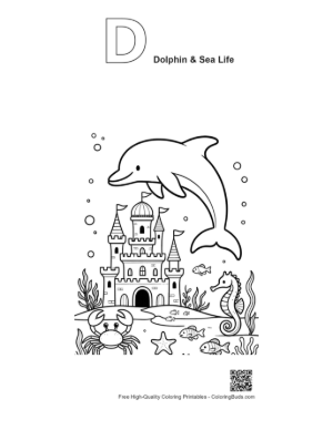 Thumbnail: Majestic Dolphin Leaping in Front of an Underwater Sandcastle Printable Outline Alphabet D Dolphin & Sea Life