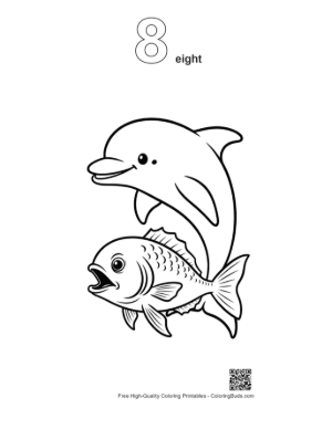 Thumbnail: Playful Dolphin and Fish Outline Printable Outline Number 8