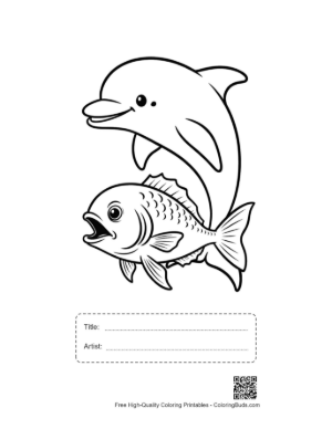 Thumbnail: Playful Dolphin and Fish Outline Printable with Title and Artist Box