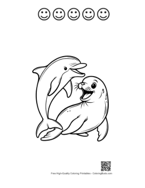 Thumbnail: Playful Dolphin and Seal Cartoon Printable and 5 Happy Face Outline