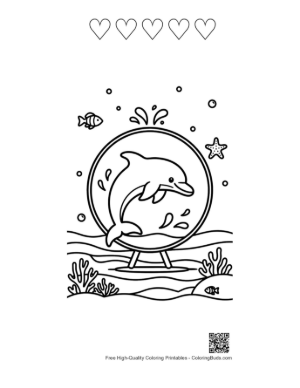 Thumbnail: Playful Dolphin Jumping Through a Hoop in a Circular Frame Printable and 5 Heart Outline