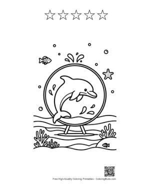 Thumbnail: Playful Dolphin Jumping Through a Hoop in a Circular Frame Printable and 5 Star Outline
