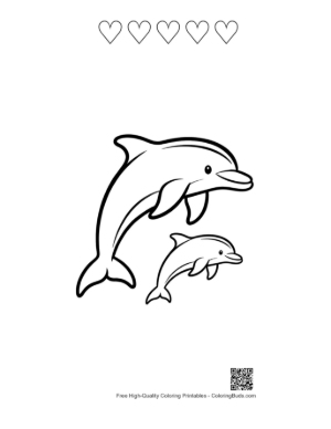 Thumbnail: Playful Dolphin Mother and Baby Leaping Printable and 5 Heart Outline