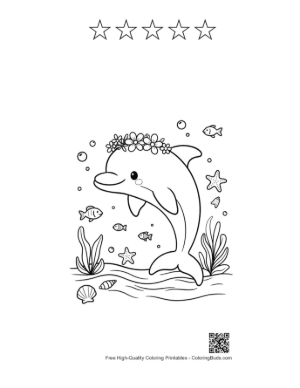 Thumbnail: Smiling Dolphin with a Crown of Flowers Underwater Printable and 5 Star Outline