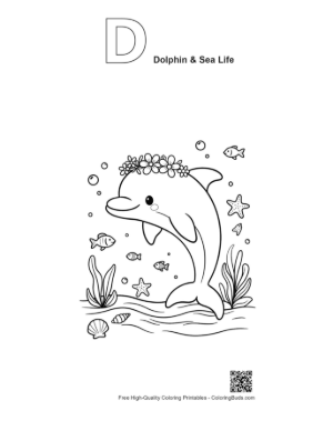 Thumbnail: Smiling Dolphin with a Crown of Flowers Underwater Printable Outline Alphabet D Dolphin & Sea Life