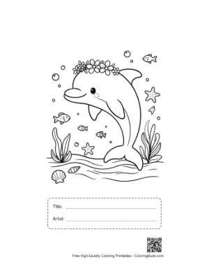 Thumbnail: Smiling Dolphin with a Crown of Flowers Underwater Printable with Title and Artist Box