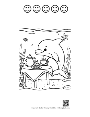 Thumbnail: Sophisticated Dolphin Sitting at a Tea Table in the Sea Printable and 5 Happy Face Outline
