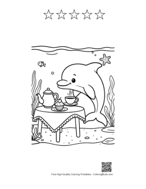 Thumbnail: Sophisticated Dolphin Sitting at a Tea Table in the Sea Printable and 5 Star Outline
