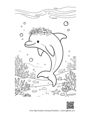 Thumbnail: Sweet Dolphin with a Floral Headband Near the Reef Printable