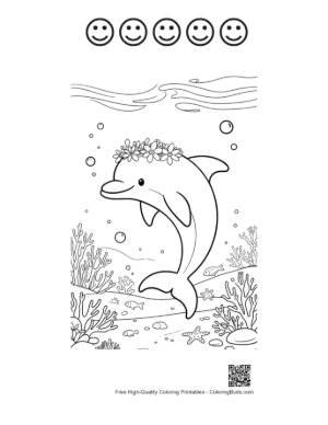 Thumbnail: Sweet Dolphin with a Floral Headband Near the Reef Printable and 5 Happy Face Outline
