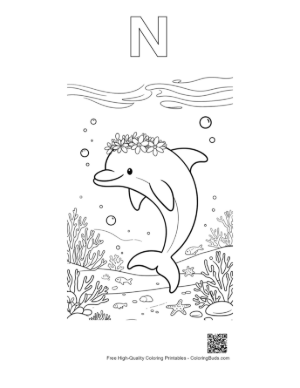 Thumbnail: Sweet Dolphin with a Floral Headband Near the Reef Printable Outline Alphabet N