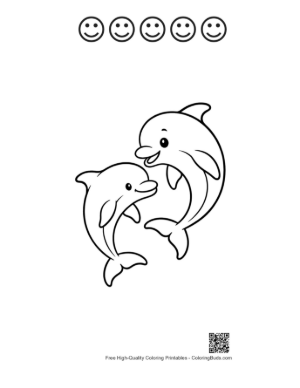 Thumbnail: Two Playful Cartoon Dolphins Smiling Printable and 5 Happy Face Outline
