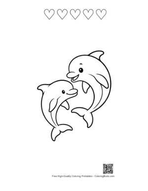 Thumbnail: Two Playful Cartoon Dolphins Smiling Printable and 5 Heart Outline