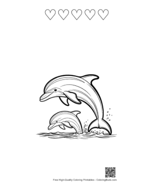 Thumbnail: Two Playful Dolphins Leaping from Ocean Waves Printable and 5 Heart Outline