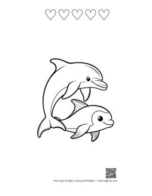 Thumbnail: Two Playful Dolphins Leaping Together Printable and 5 Heart Outline