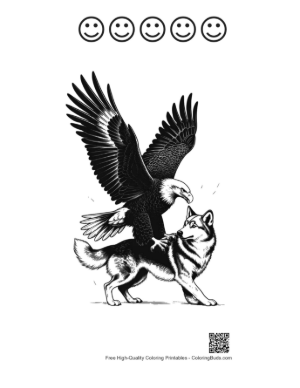 Thumbnail: Bald Eagle Dominating Playful Husky Wolf Printable and 5 Happy Face Outline