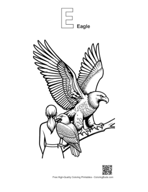 Thumbnail: Bald Eagle Perched Majestically with Woman Printable Outline Alphabet E Eagle