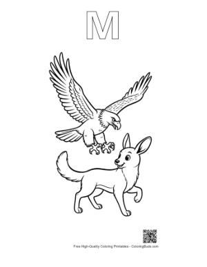 Thumbnail: Bald Eagle Soaring Over Playful Fennec Fox Printable Outline Alphabet M