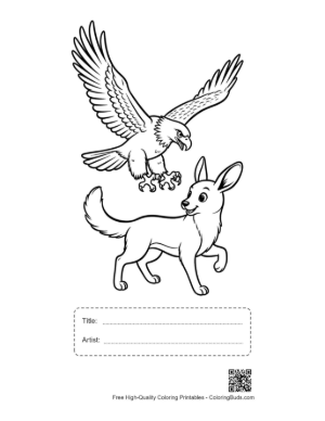 Thumbnail: Bald Eagle Soaring Over Playful Fennec Fox Printable with Title and Artist Box
