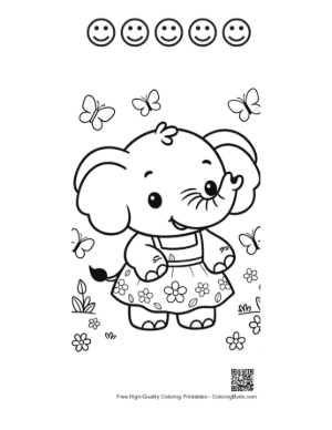 Thumbnail: Adorable Elephant Calf in a Floral Dress Outdoors Printable and 5 Happy Face Outline