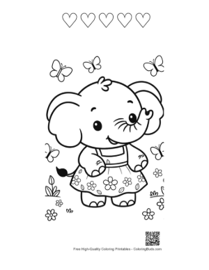 Thumbnail: Adorable Elephant Calf in a Floral Dress Outdoors Printable and 5 Heart Outline