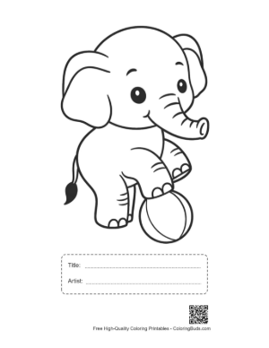 Thumbnail: Adorable Elephant Calf Sitting on a Large Beach Ball Printable with Title and Artist Box