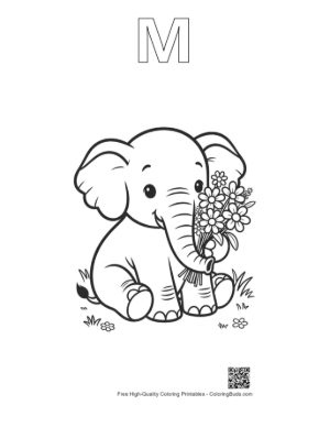 Thumbnail: Adorable Elephant Calf Sitting with a Bunch of Wildflowers Printable Outline Alphabet M