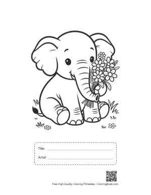 Thumbnail: Adorable Elephant Calf Sitting with a Bunch of Wildflowers Printable with Title and Artist Box