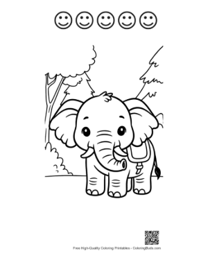 Thumbnail: Adorable Elephant Calf Wearing a Small Saddle in the Forest Printable and 5 Happy Face Outline