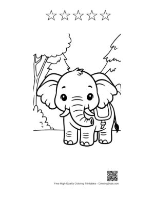 Thumbnail: Adorable Elephant Calf Wearing a Small Saddle in the Forest Printable and 5 Star Outline
