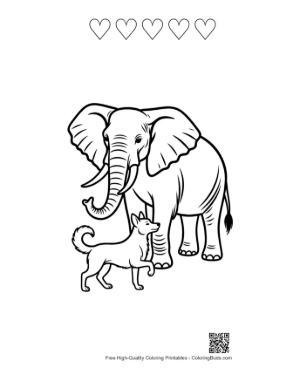 Thumbnail: African Elephant and Pomeranian Standing Together Printable and 5 Heart Outline