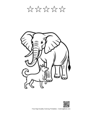 Thumbnail: African Elephant and Pomeranian Standing Together Printable and 5 Star Outline