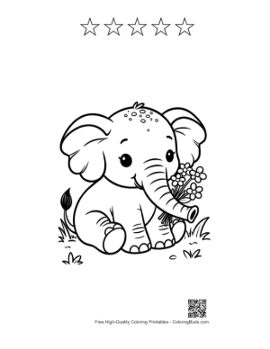 Thumbnail: Baby Elephant Holding a Large Floral Bouquet in the Meadow Printable and 5 Star Outline