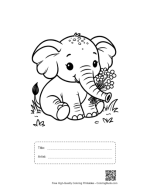 Thumbnail: Baby Elephant Holding a Large Floral Bouquet in the Meadow Printable with Title and Artist Box