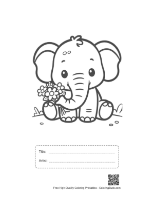 Thumbnail: Cute Baby Elephant Holding Flowers in a Sunny Field Printable with Title and Artist Box