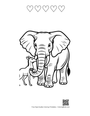Thumbnail: Gentle African Elephant and Baby Antelope Bond Printable and 5 Heart Outline