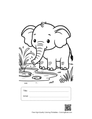Thumbnail: Happy Baby Elephant Fountain Spraying Water in the Air Printable with Title and Artist Box