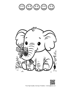 Thumbnail: Happy Elephant Calf Sitting with a Bunch of Roses Printable and 5 Happy Face Outline