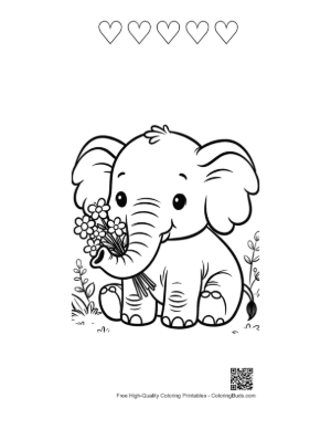 Thumbnail: Happy Elephant Calf Sitting with a Bunch of Roses Printable and 5 Heart Outline