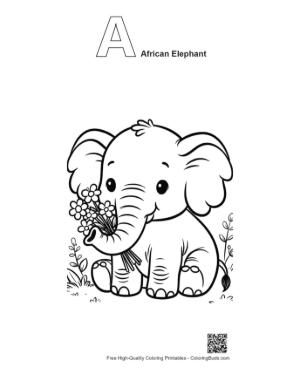 Thumbnail: Happy Elephant Calf Sitting with a Bunch of Roses Printable Outline Alphabet A African Elephant