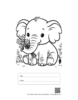Thumbnail: Happy Elephant Calf Sitting with a Bunch of Roses Printable with Title and Artist Box
