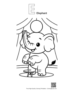 Thumbnail: Sweet Baby Elephant Balancing on a Ball on Stage Printable Outline Alphabet E Elephant
