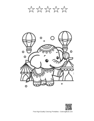 Thumbnail: Adorable Baby Elephant at a Carnival with Festive Balloons Printable and 5 Star Outline